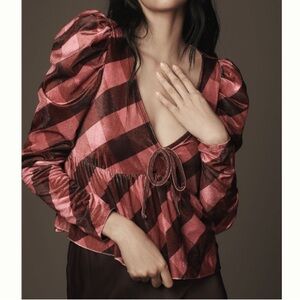 Maeve Checkered Puff Sleeve Velvet Blouse in Pink and Brown